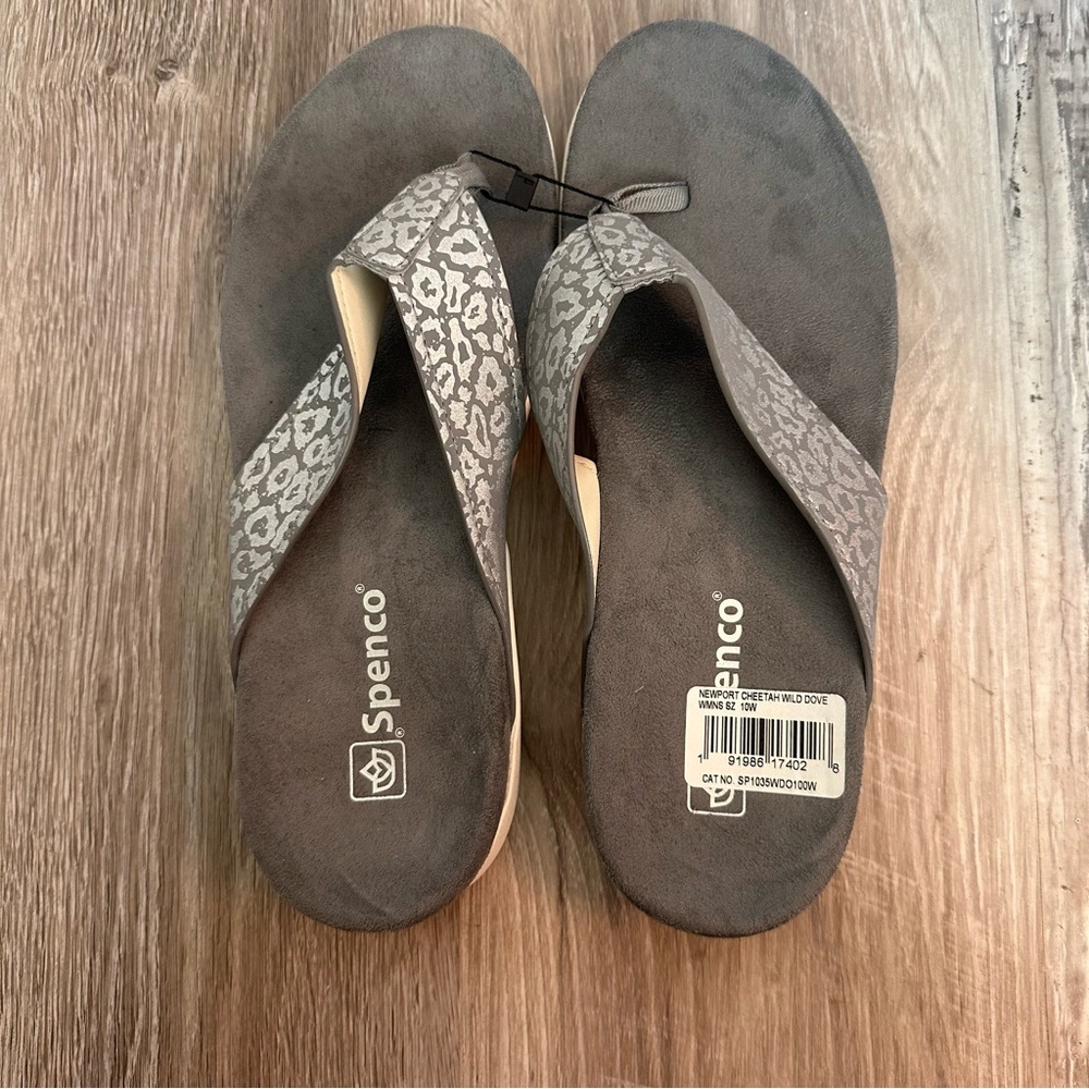 Brand new Spenco cheetah print sandals, gray size 10W. Excellent arch support.